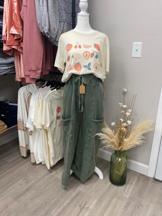 MINERAL WASHED WIDE LEG PANT - OLIVE