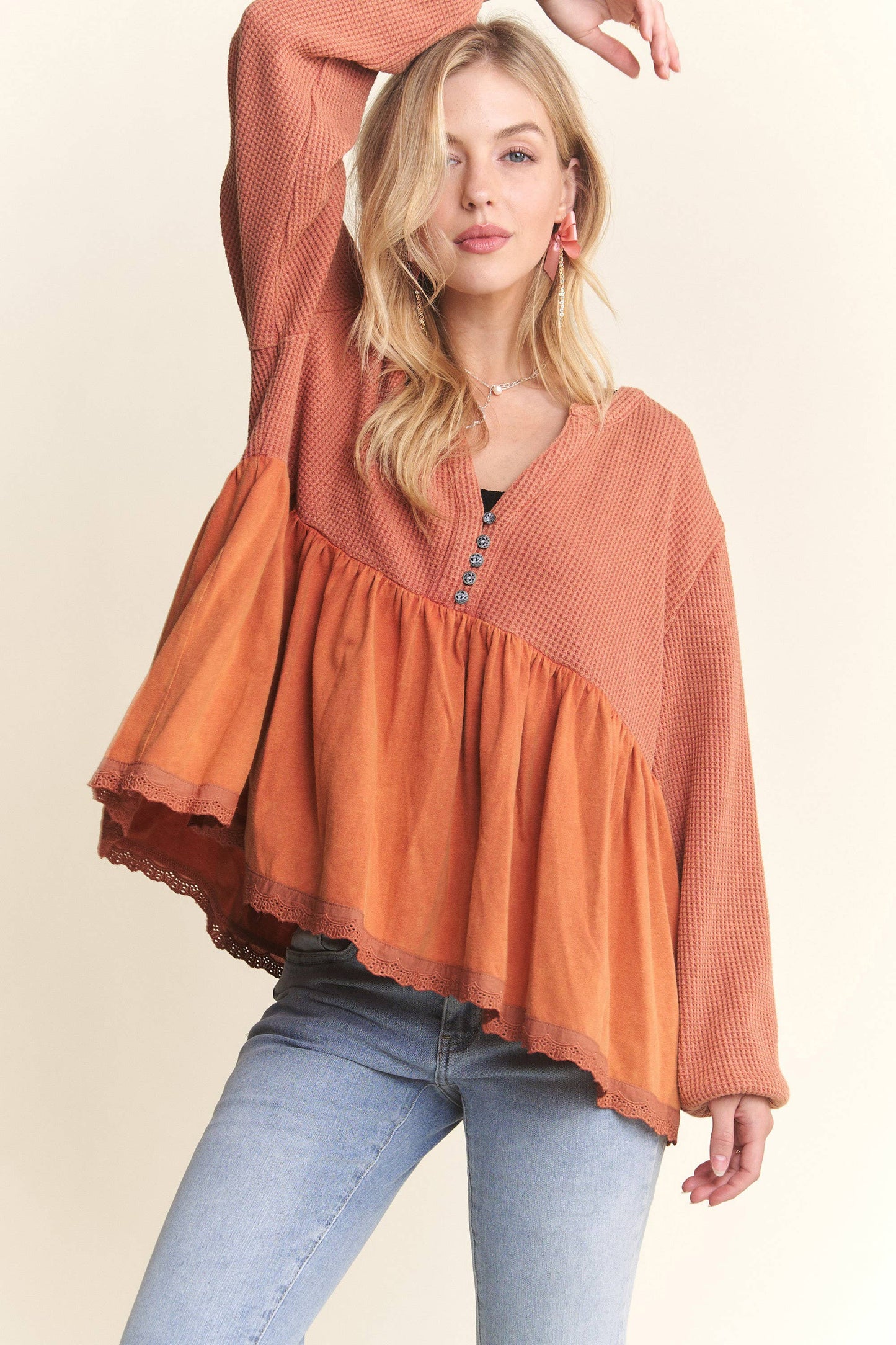 CET3678WN - MINERAL WASHED BABYDOLL TUNIC TOP