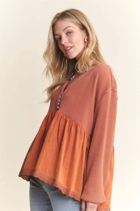 CET3678WN - MINERAL WASHED BABYDOLL TUNIC TOP