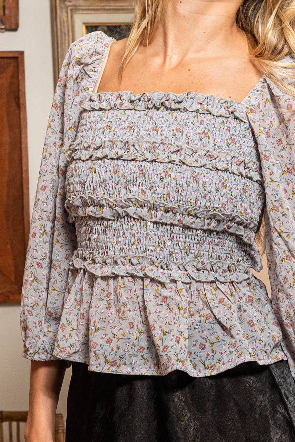 IT2021A Smocked Bodice Floral Print Open Back Blouse