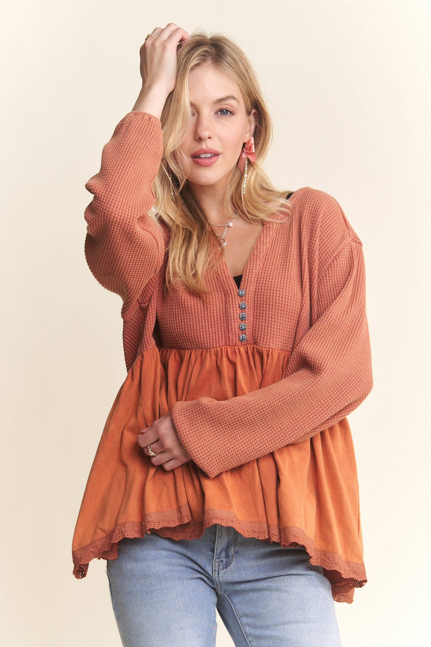 CET3678WN - MINERAL WASHED BABYDOLL TUNIC TOP