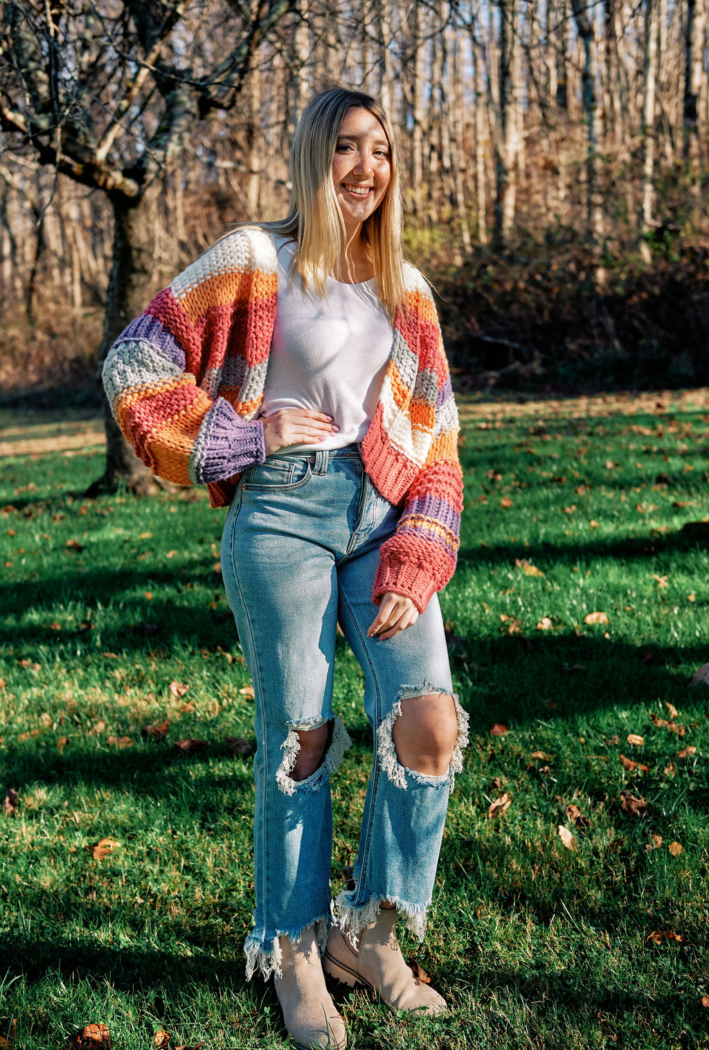 OPEN FRONT CHUNKY KNIT STRIPED CARDIGAN