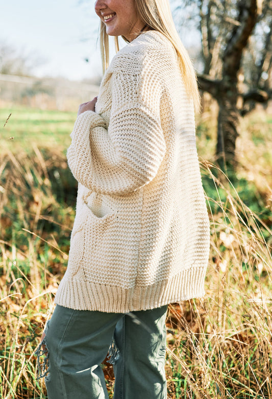 CHUNKY CABLE LANTERN SLEEVE CARDIGAN