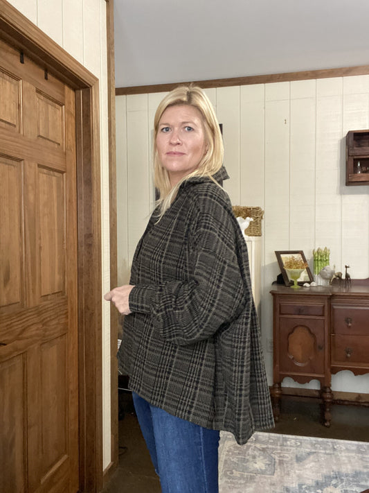 TWEED PLAID OVERSIZED COLLARED BLOUSE